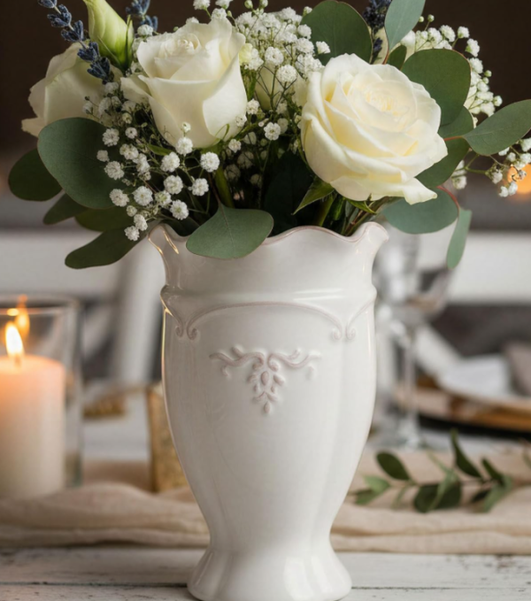 French Vintage Pure White Ceramic Vase with Embossed Ruffled Rim